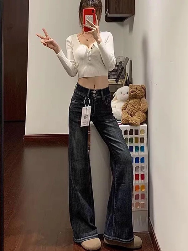 Zai Zai Fashion Women's Plus Size Retro Flared Jeans for Summer High Waist Double Button Loose Flared Trousers Zai Zai Fashion Women's Plus Size Retro Flared Jeans for Summer High Waist Double Button Loose Flared Trousers
