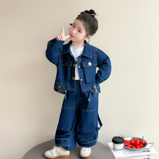 Girls' Denim Outfit Spring 2026 New Stylish Trendy Children's Cargo Pants Baby Street-Style Casual Two-Piece Set