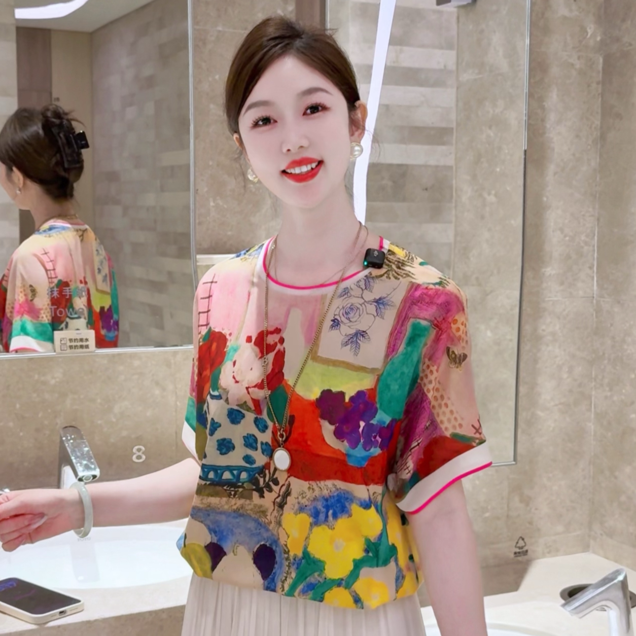 【晴窗花事】时尚气质圆领百搭夏款短袖显瘦宽松T恤上衣印花遮肚