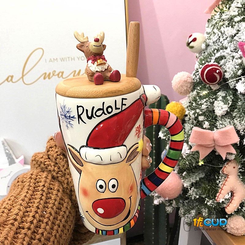 Santa Claus milu deer breakfast milk cup of large capacity office coffee cup express cartoon gift porcelain cup