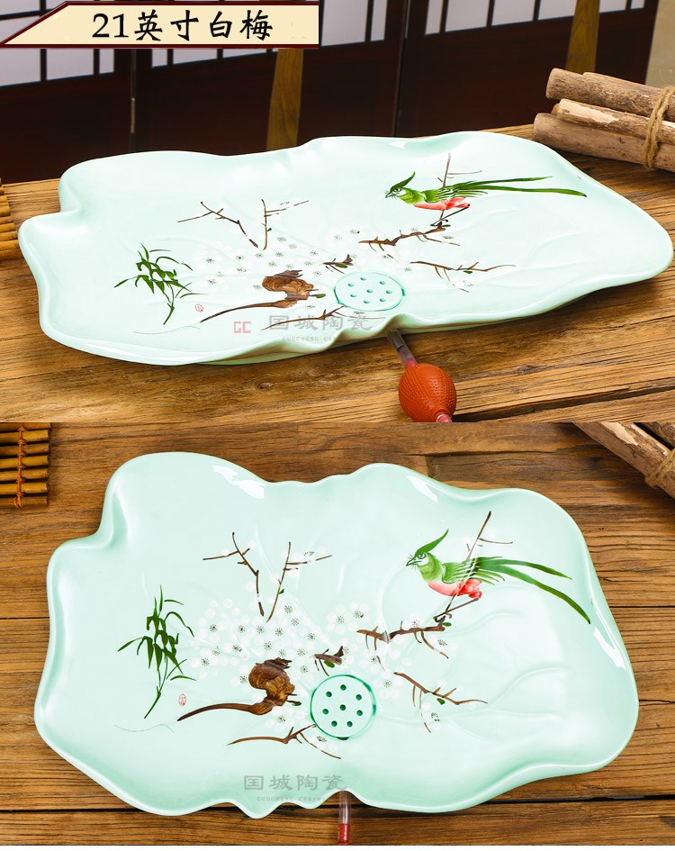 Kung fu tea tray drainage type large congou celadon hand - made lotus home u.s single ceramic tray