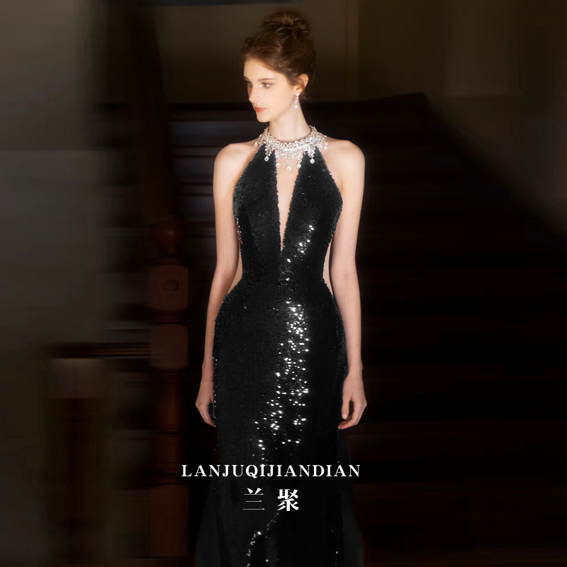 Black Evening Dress 2026 New Adult Graduation Dress Niche Bride Fishtail Engagement Dress Sequin Light Luxury Black Evening Dress 2026 New Adult Graduation Dress Niche Bride Fishtail Engagement Dress Sequin Light Luxury