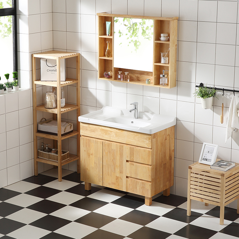 Floor-Standing Oak Bathroom Cabinet Set, Nordic Solid Wood Bathroom Cabinet, Bathroom Vanity Sink, Washbasin Cabinet