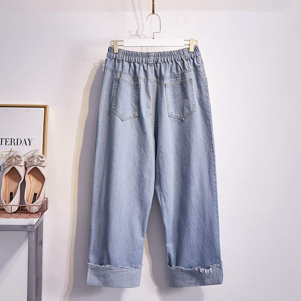 Extra-lớn kích thước của phụ nữ quần jean 2020 mùa hè váy mới quần thẳng 230 pound chị béo mm quần lỏng lẻo rộng chân.