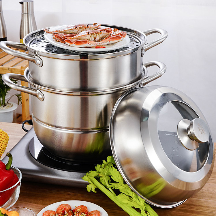 Donglang Food Stainless Steel Large Steam Boiler Single Bottom Soup Boiler Triple Layer Steam Cage Composite thickened 26-32cm