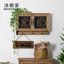 American Hanging Cabinet Wall Cabinet Kitchen Retro Solid Wood Iron Art Carved Wall Cabinet Locker room Balcony Folk Hangover Wall