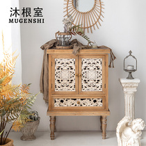 American Solid Wood Retro Dining Side Cabinet Home Living Room Leaning Against Wall TV Cabinet Side Cabinet Bedrooms Small Carved lockers