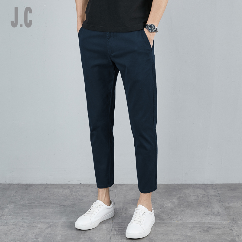 Men's Cropped Pants, Summer Pure Cotton Slim-Fit Navy Blue Casual Pants, Korean Style Trendy 9/10 Length Men's Pants Men's Cropped Pants, Summer Pure Cotton Slim-Fit Navy Blue Casual Pants, Korean Style Trendy 9/10 Length Men's Pants