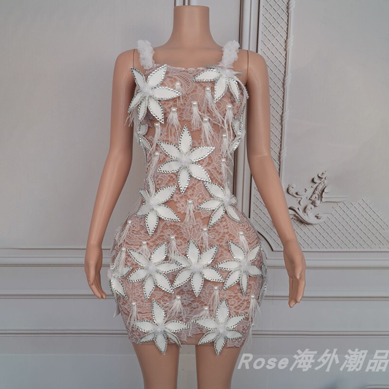 European and American Sexy See-Through Lace Camisole Short Dress Cocktail Party Evening Dress Niche High-End Banquet Dress