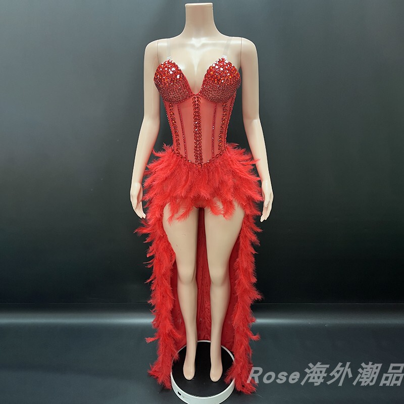 European and American Classic Style Elegant Red Feather-Trailing Long Dress Wedding Bride Toast Dress Cocktail Party Evening Dress European and American Classic Style Elegant Red Feather-Trailing Long Dress Wedding Bride Toast Dress Cocktail Party Evening Dress