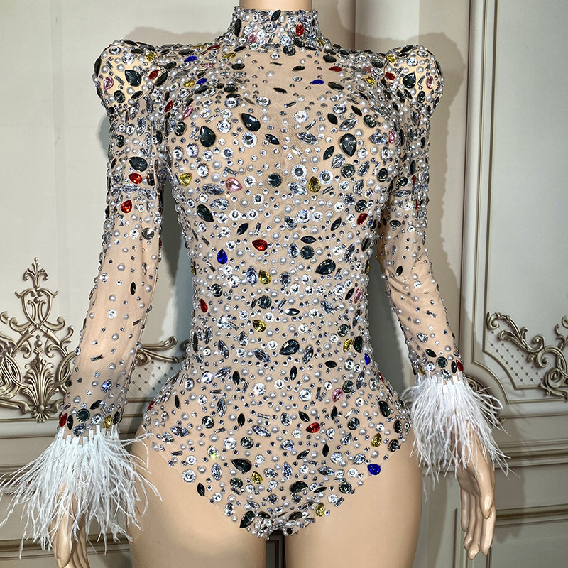 Novance Luxury Colorful Diamond Long-Sleeved Mini Feather Dress Sexy Translucent Women's Birthday Party Short Dress