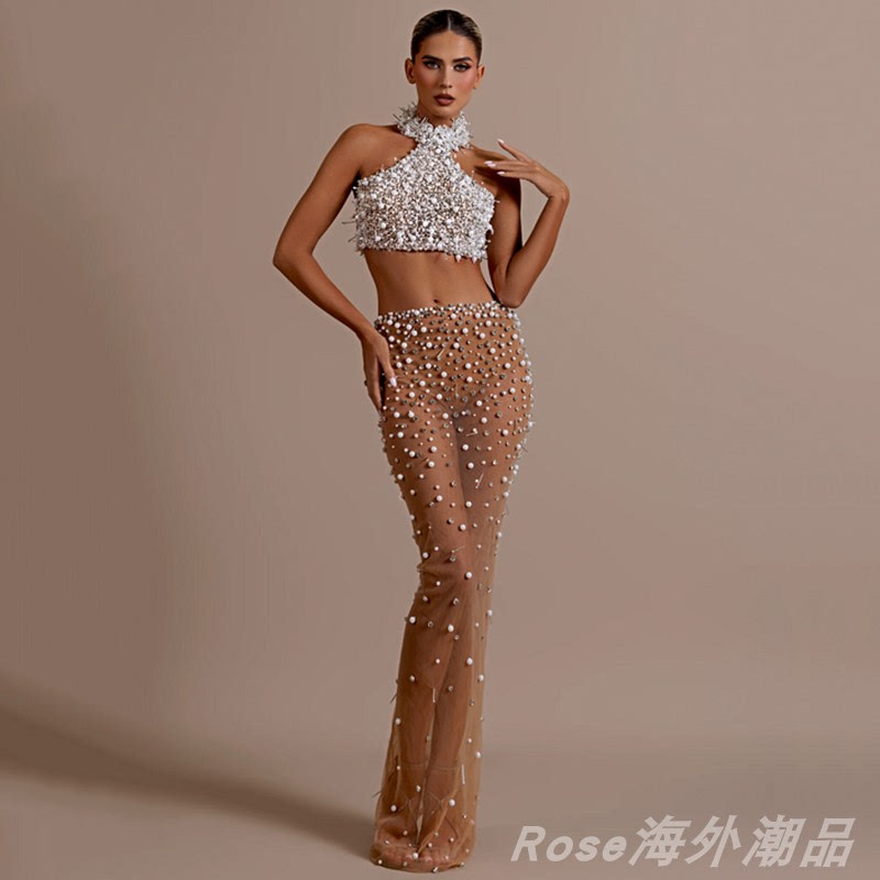 European and American Luxury Diamond-Embellished Nude Mesh Two-Piece Dress Cocktail Party Evening Dress Model Runway Dress European and American Luxury Diamond-Embellished Nude Mesh Two-Piece Dress Cocktail Party Evening Dress Model Runway Dress
