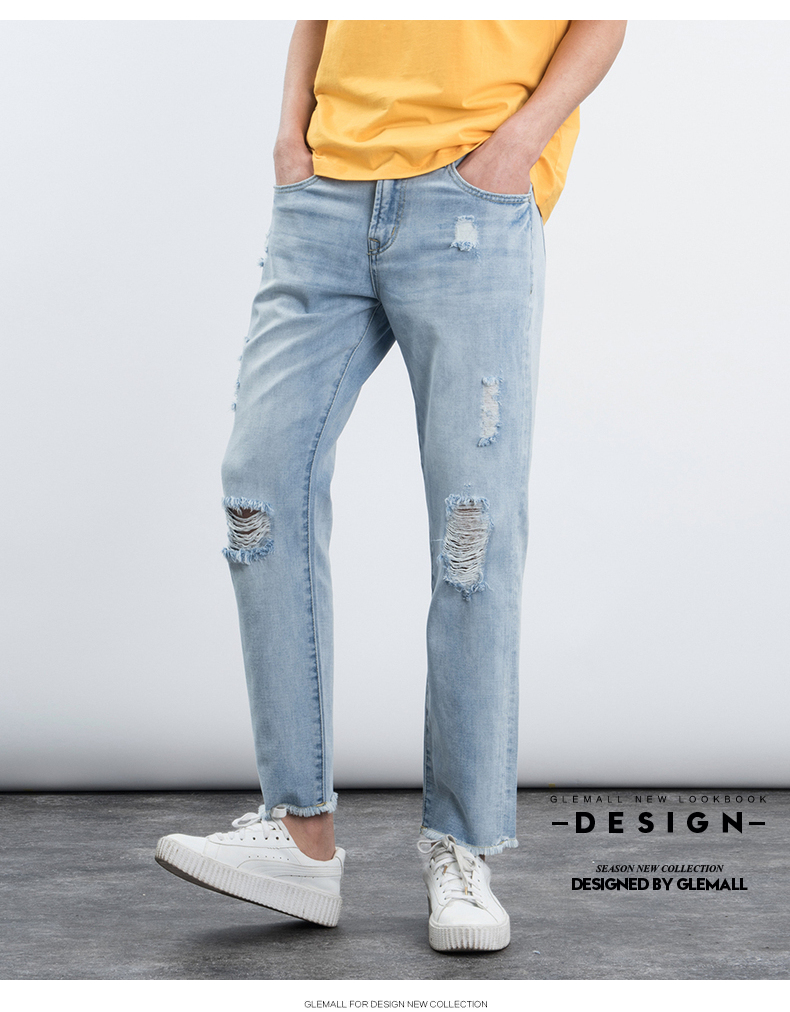 GleMall Tide thương hiệu quần jean nam mùa xuân và mùa hè Quần nam mới thiết kế lỗ mùa hè quần jeans chín điểm - Quần jean áo nam đẹp