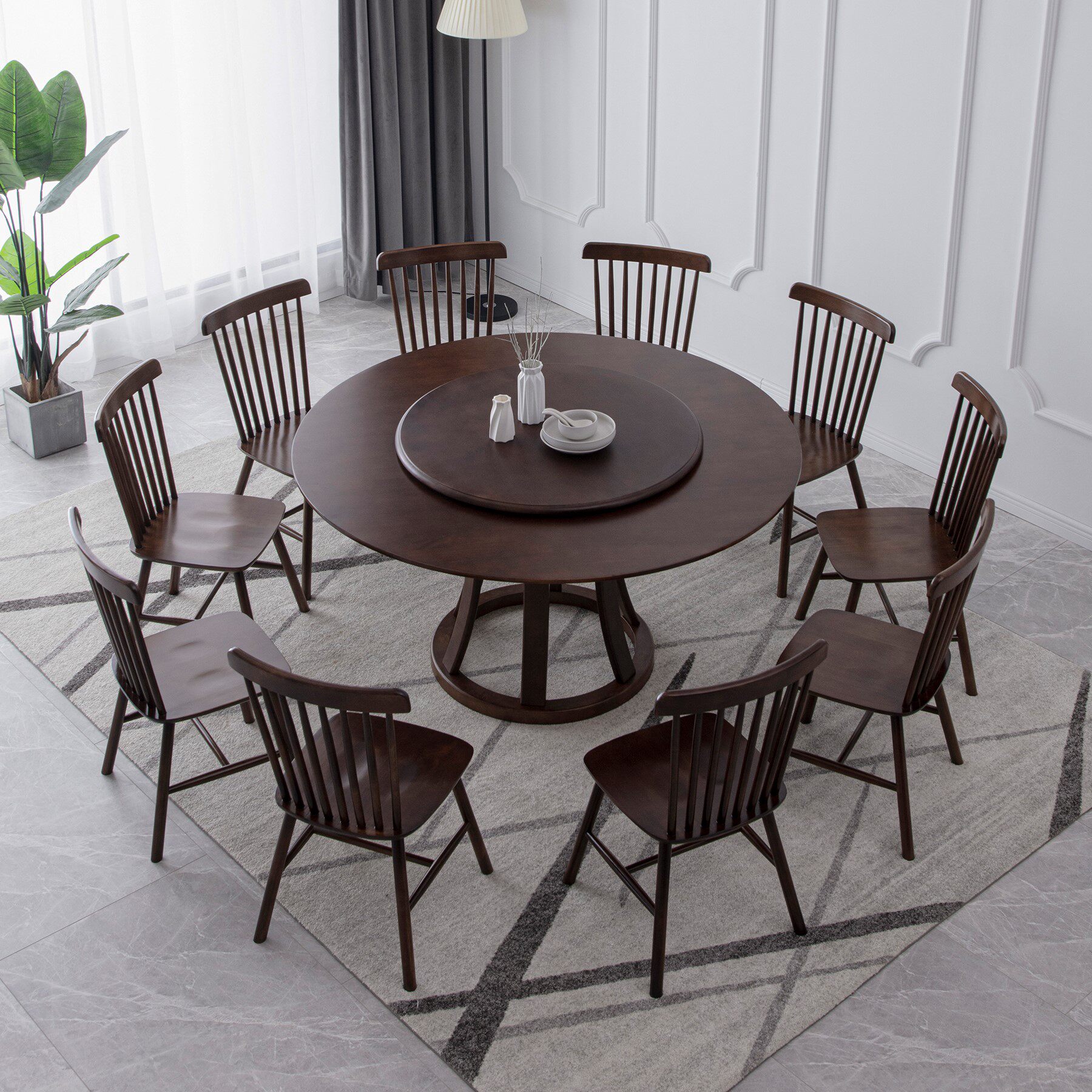 Solid wood dining table and chairs Combined round turntable minimalist Dining Table Nordic Dining Room Dining Room Restaurant Hotel round table 1 8 m