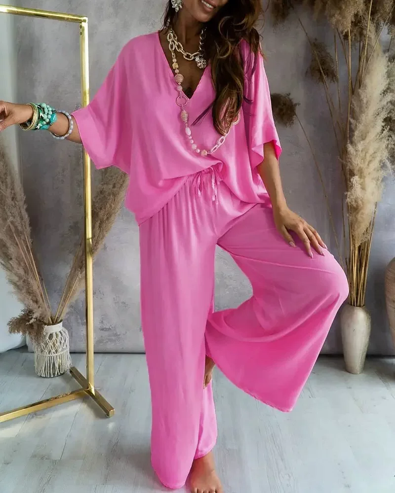 Women's cross-border solid color V-neck loose suit