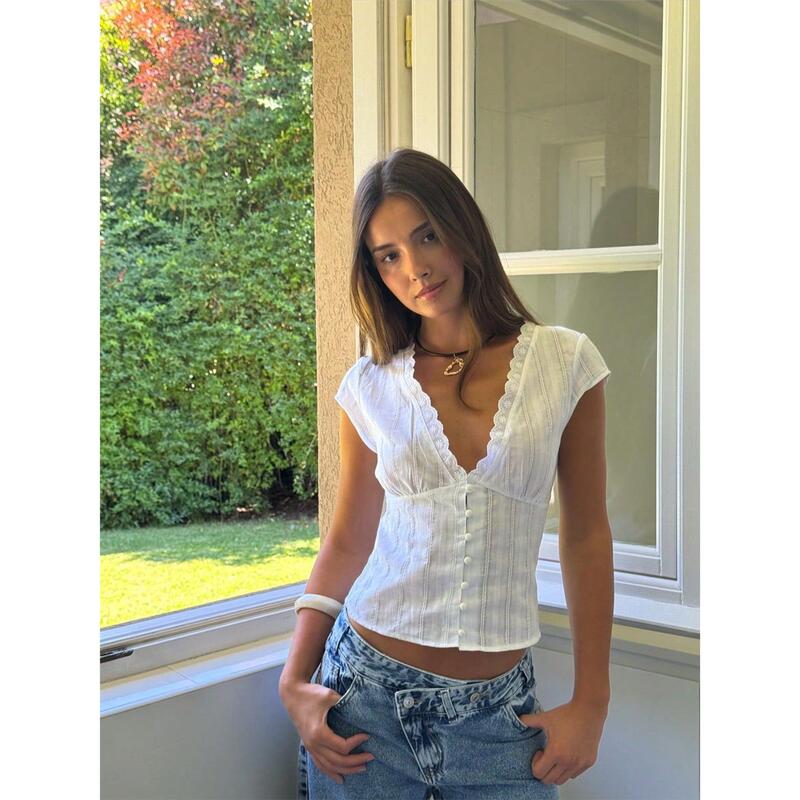 White V-neck lace embroidered slim fit short top White V-neck lace embroidered slim fit short top