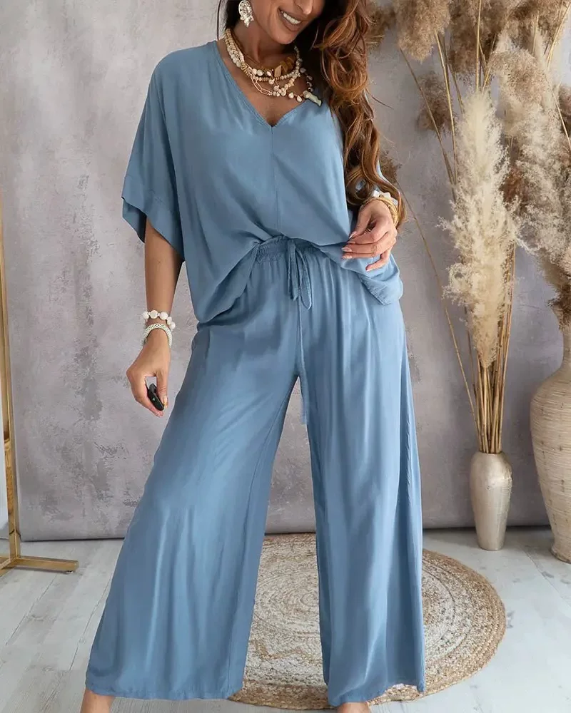 Women's cross-border solid color V-neck loose suit