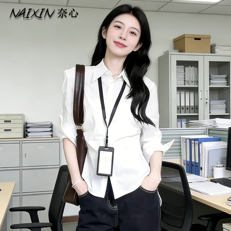 New Style White Long-Sleeved Shirt for Women, Slim Fit, Waist-Cinching, Suitable for Work and Interviews, Solid Color Shirt Top for Spring and Autumn 2026