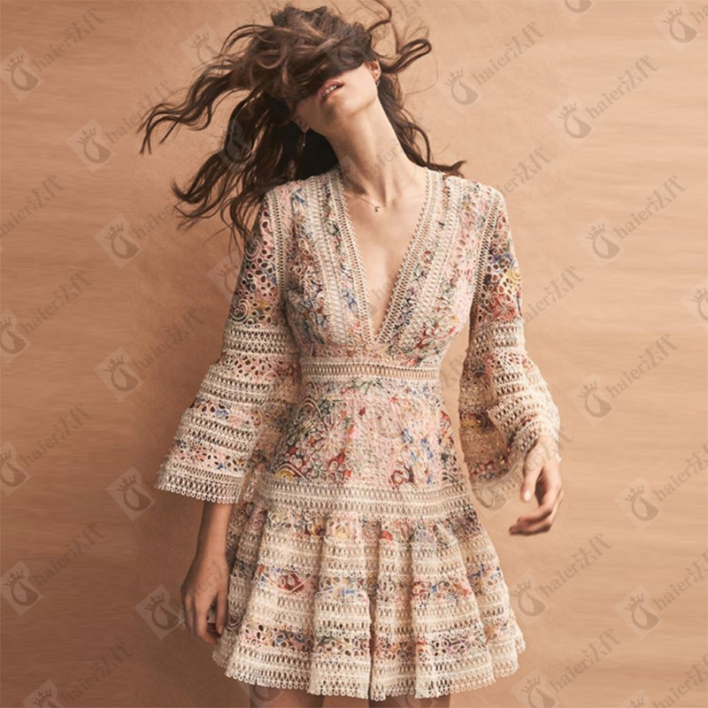 ZIMMERMANN 2020SS star with the same floral lace dress hollow V-neck gauze holiday skirt