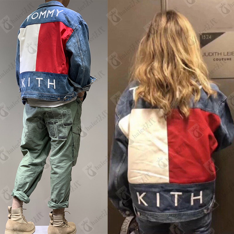 T0Mmy Kith Autumn and Winter Collaboration with European and American Trendy Brands, Color-Blocked Denim Jacket, Unisex Style T0Mmy Kith Autumn and Winter Collaboration with European and American Trendy Brands, Color-Blocked Denim Jacket, Unisex Style