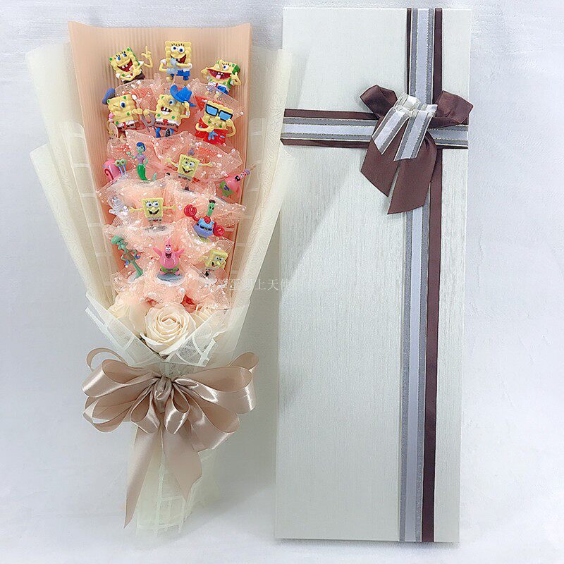 Creative SpongeBob SquarePants Model Cartoon Bouquet PP Cotton Scented Doll Gift Box Soap Flower Teacher's Day Birthday Gift