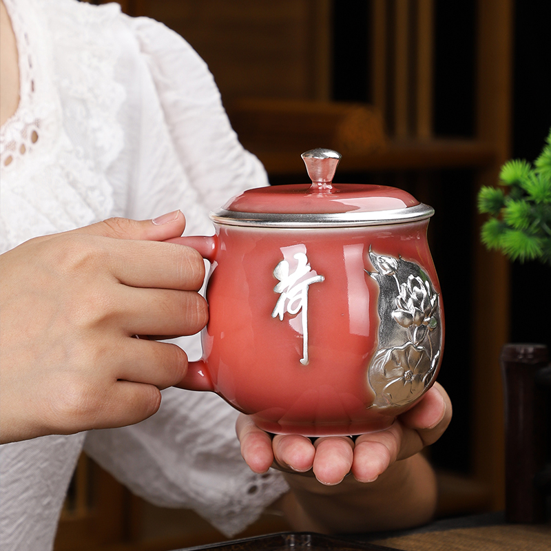 Artisan fairy lotus rhyme tasted silver gilding office glass ceramic cup creative household carry handle with cover cup single cup size
