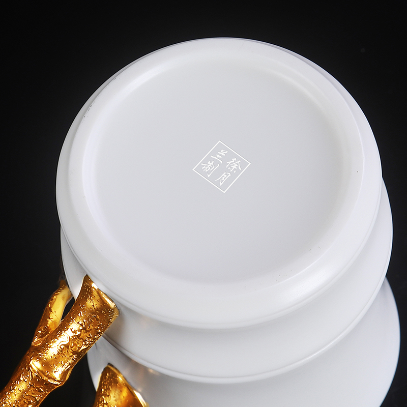 Artisan fairy gold dehua white porcelain cup office cup high - grade household pure manual kung fu tea set with cover cups