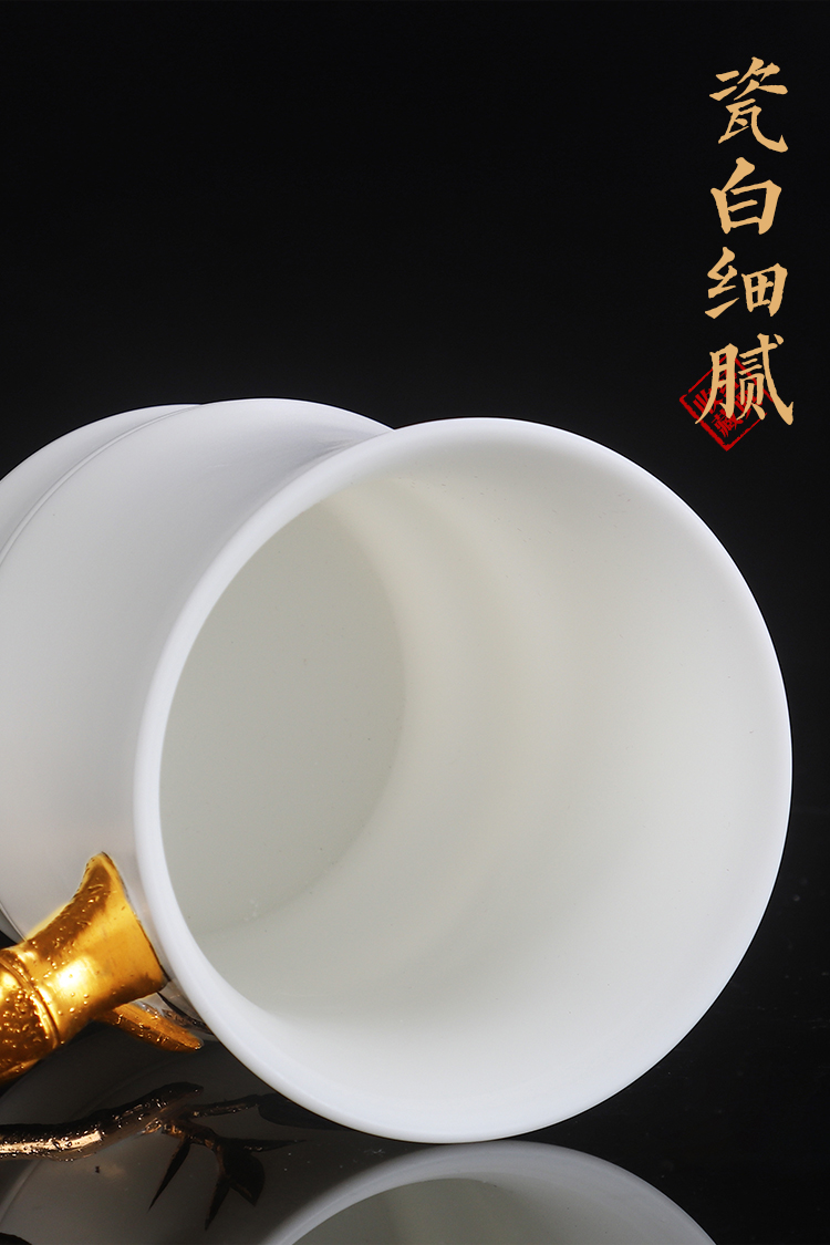 Artisan fairy gold dehua white porcelain cup office cup high - grade household pure manual kung fu tea set with cover cups