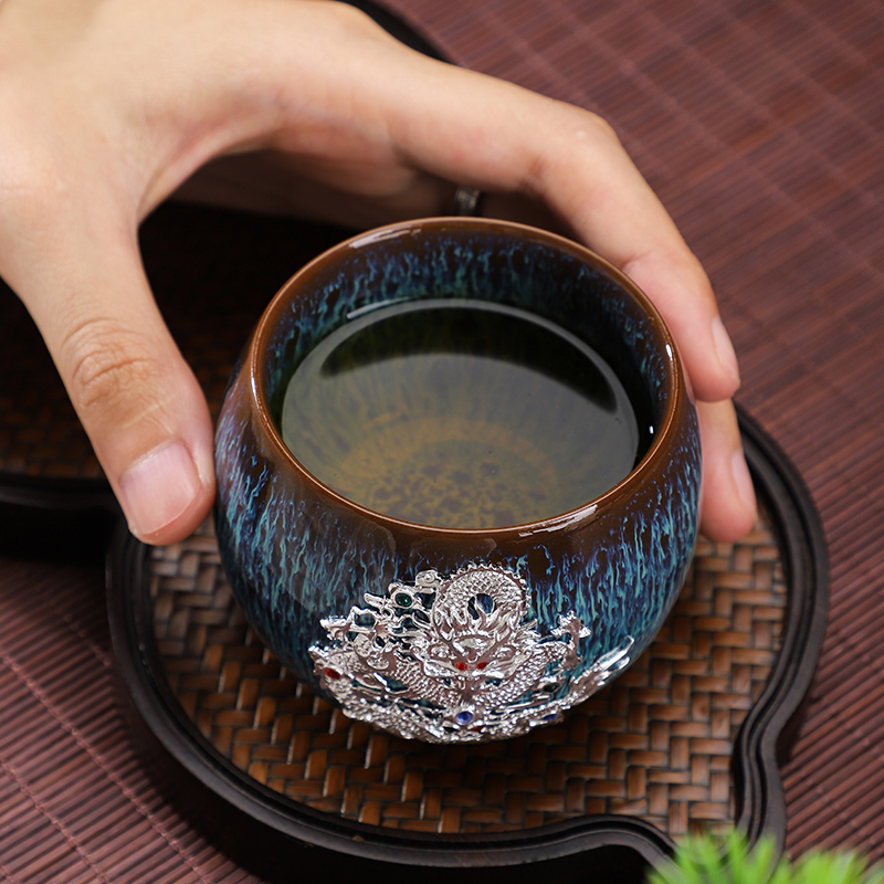 Artisan fairy panlong silver cup up ceramic cups household kung fu masters cup cup of pure manual sample tea cup