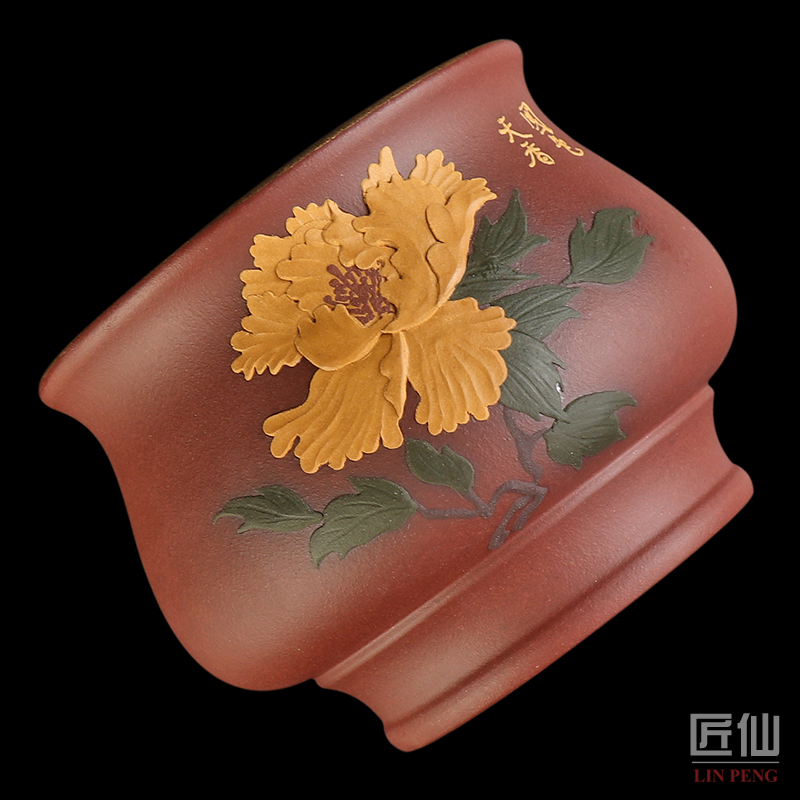 Artisan fairy gold master yixing purple sand cup pure manual purple clay kung fu tea cups large peony cup products