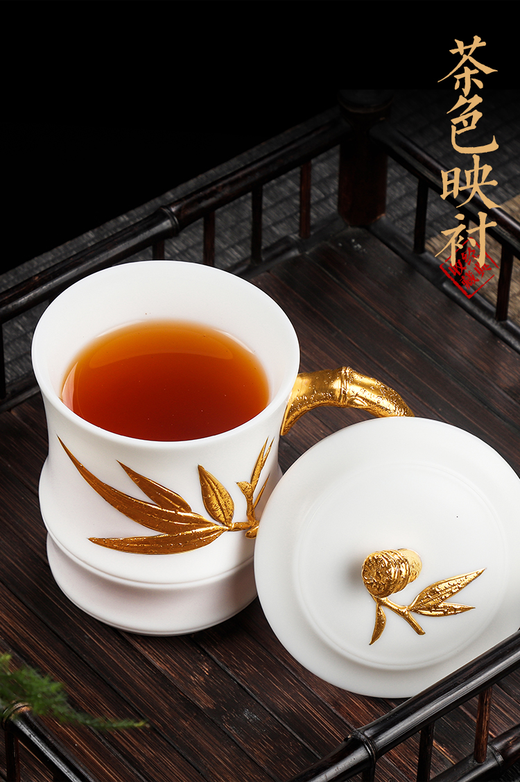 Artisan fairy gold dehua white porcelain cup office cup high - grade household pure manual kung fu tea set with cover cups