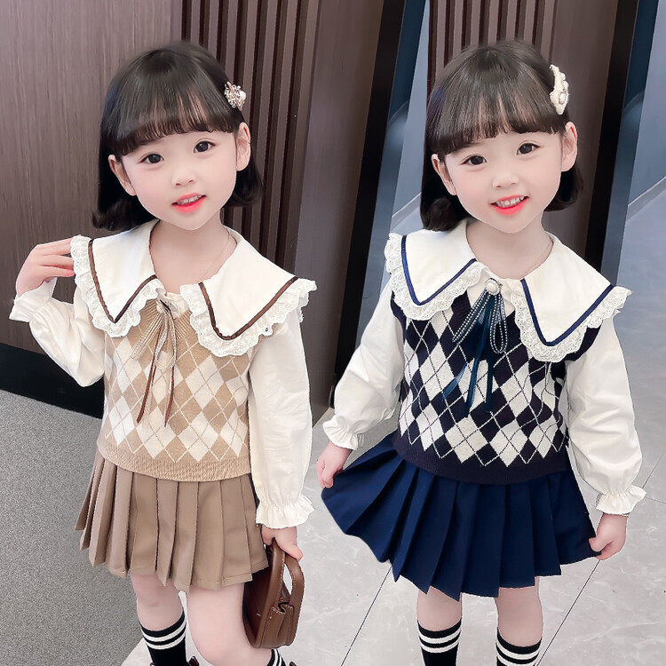 Girls spring suit 2022 new children's college style dress spring and autumn sweater skirt navy style three-piece suit