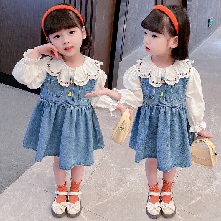 Girl Ocean Dress Foreign Spring Dress 2022 New Korean Version Spring Autumn Children Denim Dress Baby Trendy Suit Tide