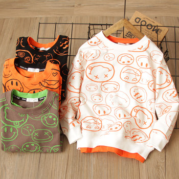 2021 new children's casual sweater cotton smiley face full print pullover spring and autumn children's fake two-piece top sweatshirt