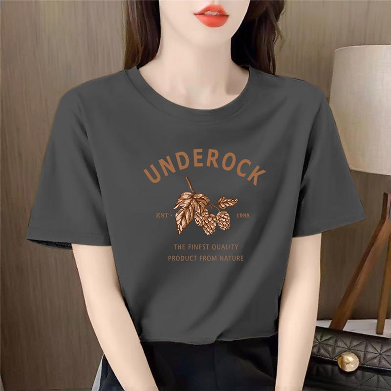 Korean Style Pure Cotton Regular Shoulder Short-Sleeve T-Shirt for Women 2026 Gray Half-Sleeve New Korean Version Western-Style Printed Top Trendy