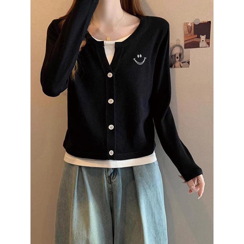 Korean 2025 Spring and Autumn New Loose Slimming Button Fake Two-Piece Women's Top with Patchwork Long Sleeves and V-Neck