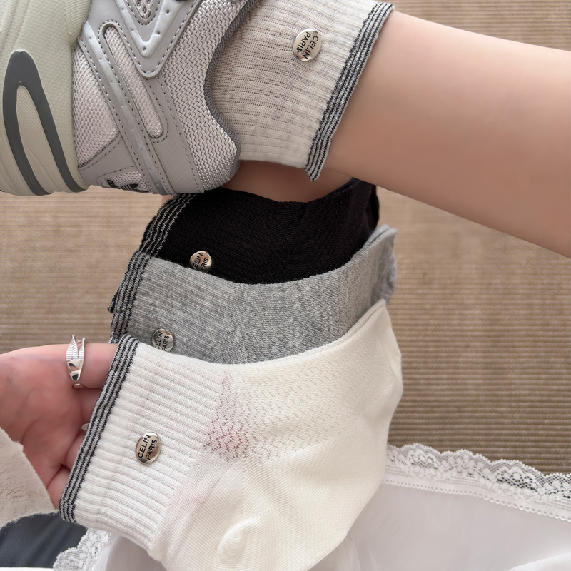 White Short Socks for Women, Summer Thin Mesh Japanese-Style Design Mid-Calf Socks with Silver Metal Buttons and Striped Ribbed Cuffs