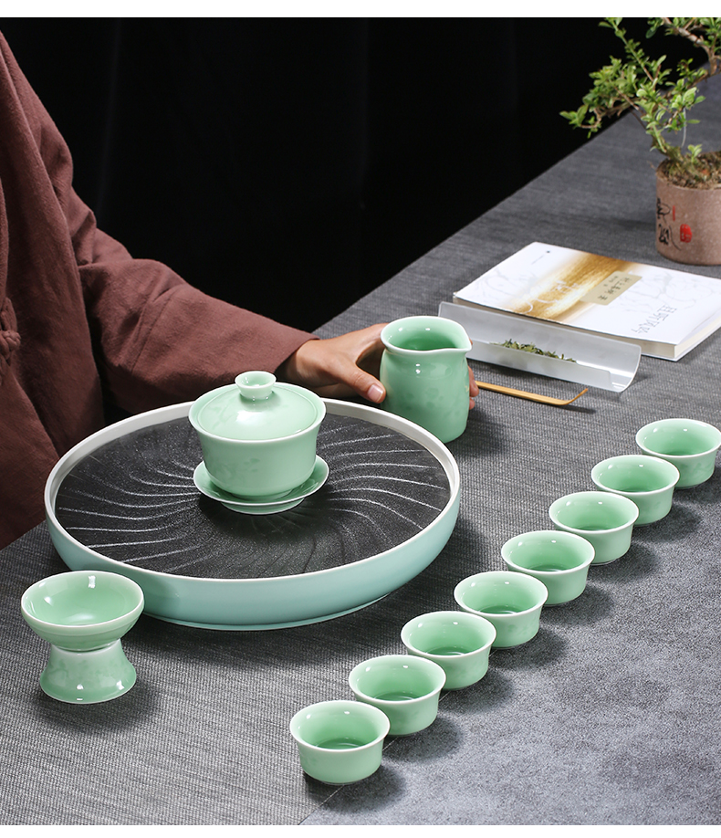 Celadon, square, round pot of tea tray was Japanese household ceramic bearing contracted water dry plate of small tea table of the kung fu tea set