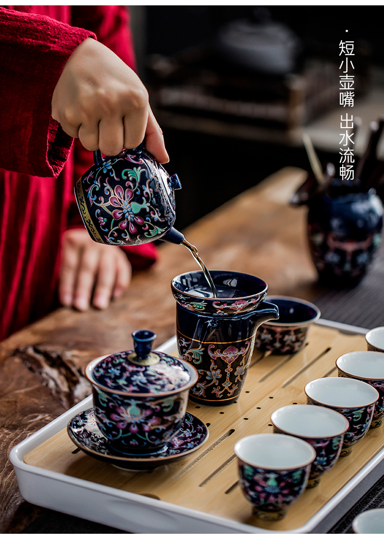 The whole household jingdezhen cloisonne grilled ceramic kung fu tea set gold colored enamel teapot teacup tea tray