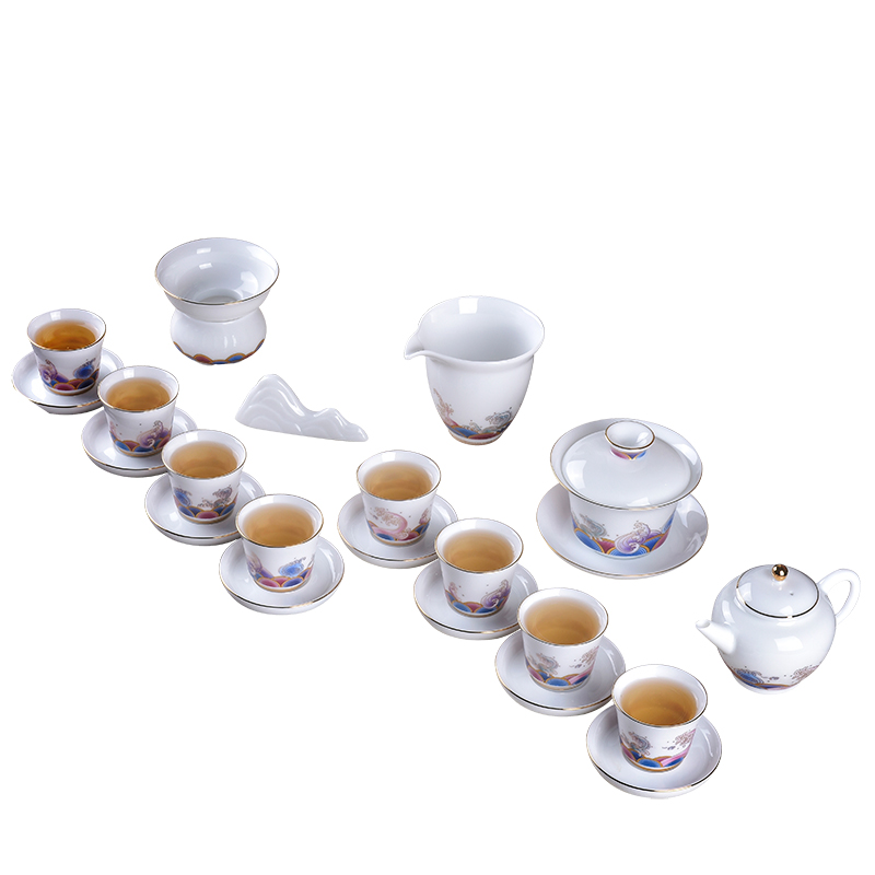 Gold colored enamel tureen tea set suit white porcelain kung fu tea cups ceramic POTS office receive a visitor the whole box