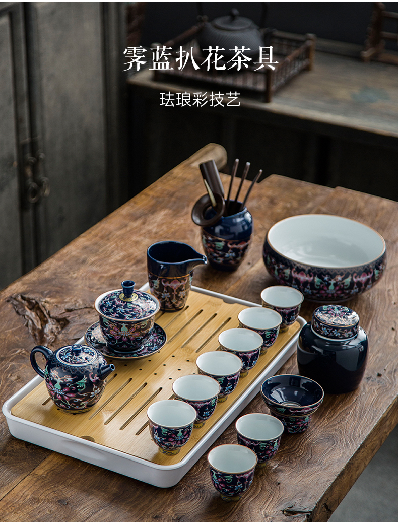 The whole household jingdezhen cloisonne grilled ceramic kung fu tea set gold colored enamel teapot teacup tea tray