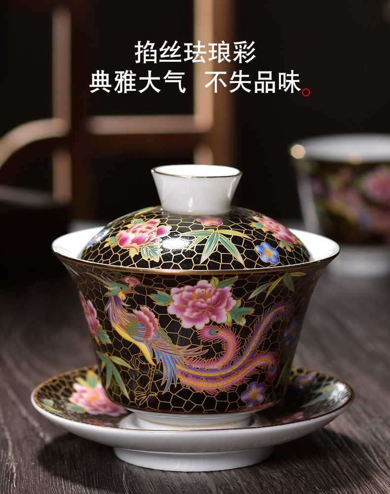 Jingdezhen only three tureen ceramic cups colored enamel tea set large kung fu tea flower peony phoenix home