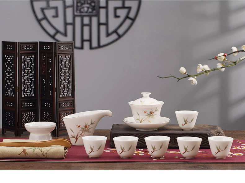 Dehua up porcelain suet jade kung fu tea set the see colour of household ceramic teapot teacup tureen whole sitting room