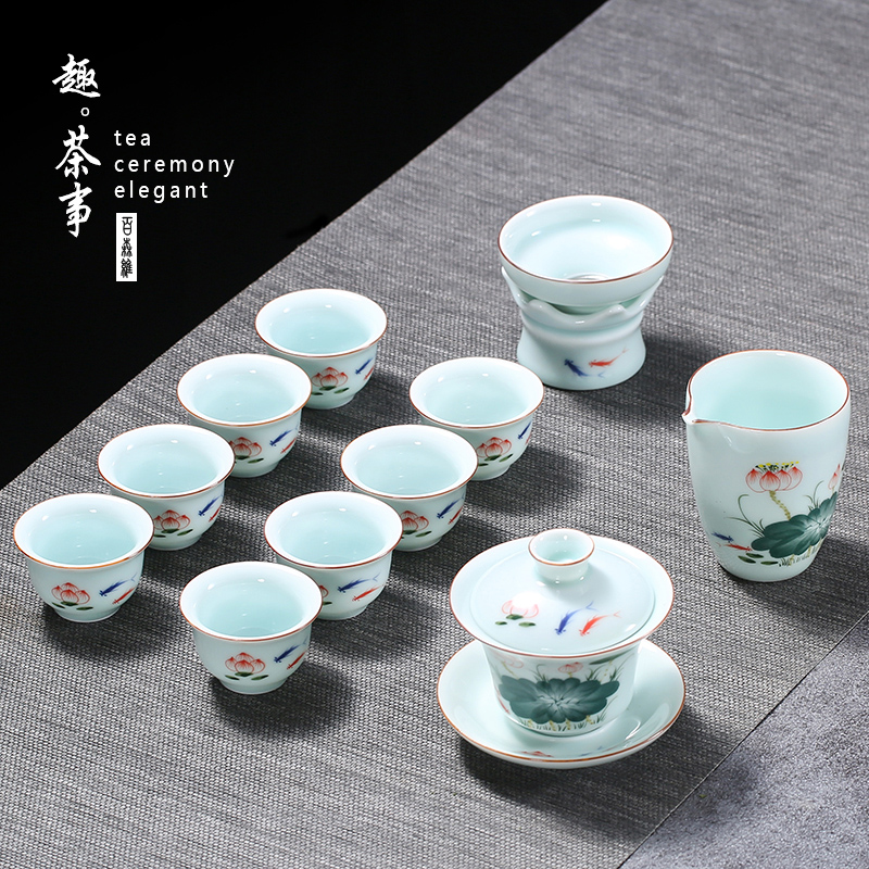 Dehua white porcelain kung fu tea set contracted household green ceramic lid bowl cups of a complete set of blue and white porcelain
