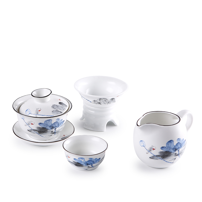 White porcelain ceramic blue and White matte enrolled tureen three kung fu tea masters cup to make tea tureen large bowl bowl tea sets