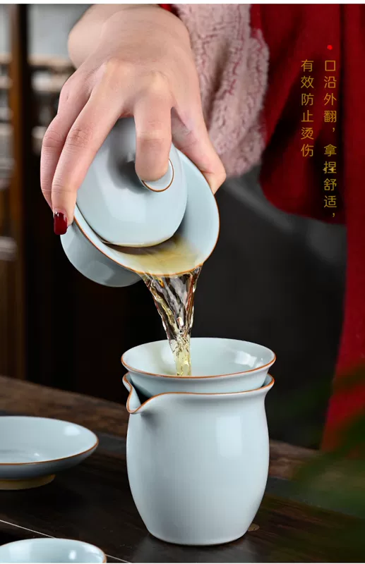 Bộ ấm trà Ru Kiln Kung Fu thủ công cao cấp dành cho gia đình Bộ hoàn chỉnh màu xanh da trời có thể mở được Ru sứ ấm trà nắp bát hộp quà tặng ấm tích pha trà bộ ấm trà in logo
