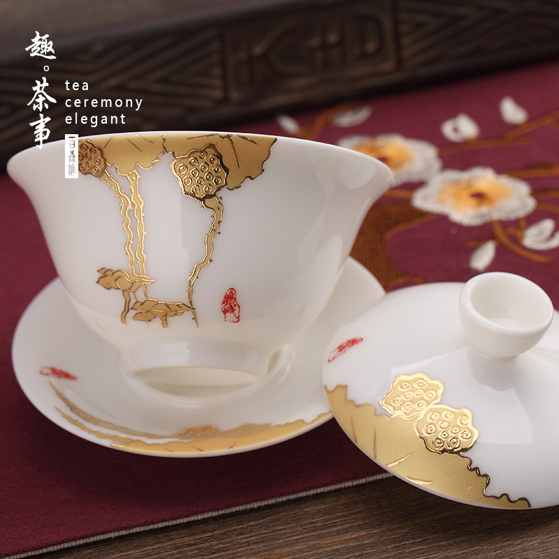 Dehua white porcelain tureen suet jade three just ceramic bowl hand paint a single tea bowl not hot kung fu tea set