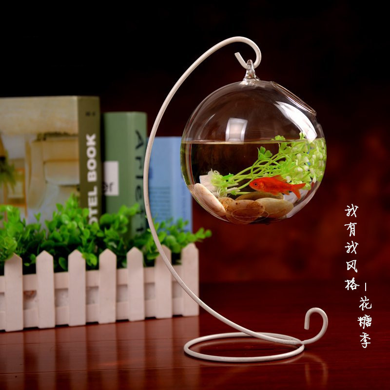 Hanging Fish Tank Home Decoration Hanging Office Tabletop Bucket Fish Tank Swing Piece Transparent Glass Small Round Gold Fish Tank