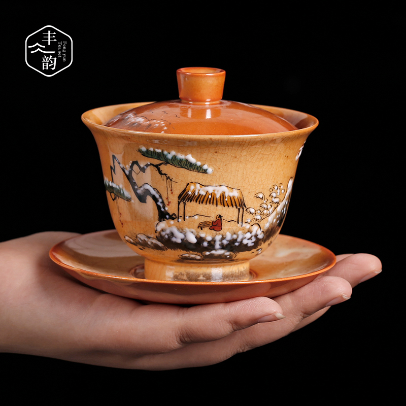 Hand - made tureen pure manual jingdezhen up three bowl large ceramic tea set tea cup single restoring ancient ways