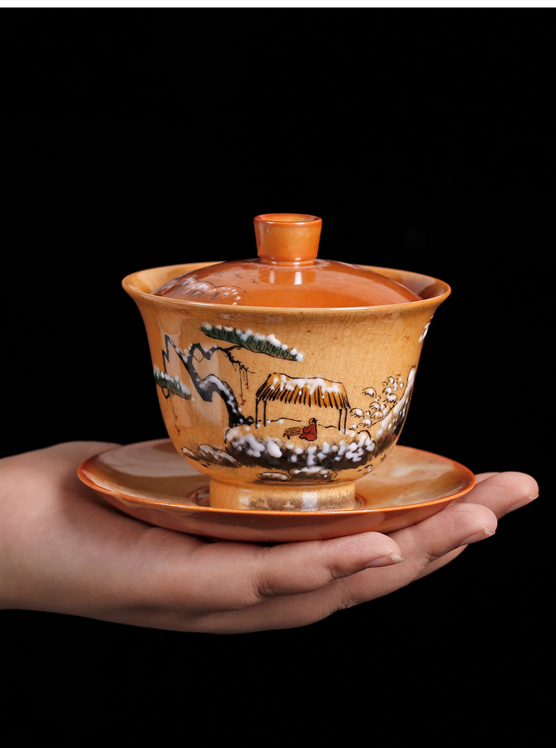 Hand - made tureen pure manual jingdezhen up three bowl large ceramic tea set tea cup single restoring ancient ways